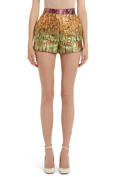 Shop Valentino Golden Wing Brocade Shorts In Orange/ Green Multi