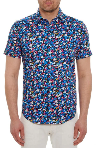 Shop Robert Graham Asteroid Belt Print Short Sleeve Stretch Cotton Button-up Shirt In Blue/multi