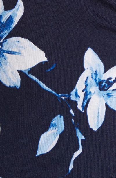 Shop Loveappella Floral Flutter Sleeve Knit Wrap Top In Navy