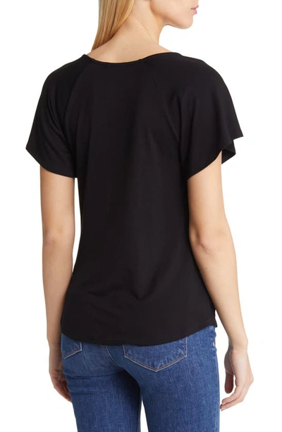 Loveappella Tie Neck Flutter Sleeve Top In Black
