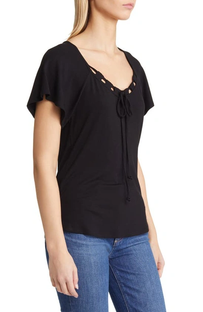 Loveappella Tie Neck Flutter Sleeve Top In Black