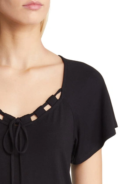 Loveappella Tie Neck Flutter Sleeve Top In Black
