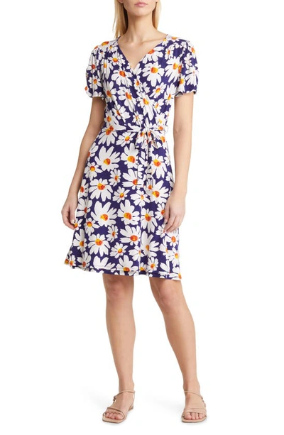 Shop Loveappella Floral Faux Wrap Knit Dress In Navy/ Ivory