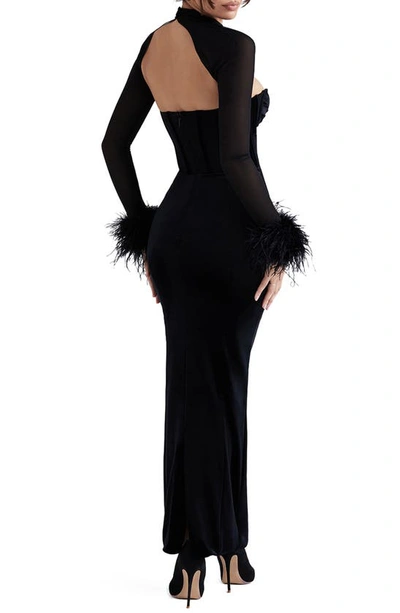 House Of Cb Thalia Long Sleeve Feather Trim Velvet Corset Dress With Shrug In Black