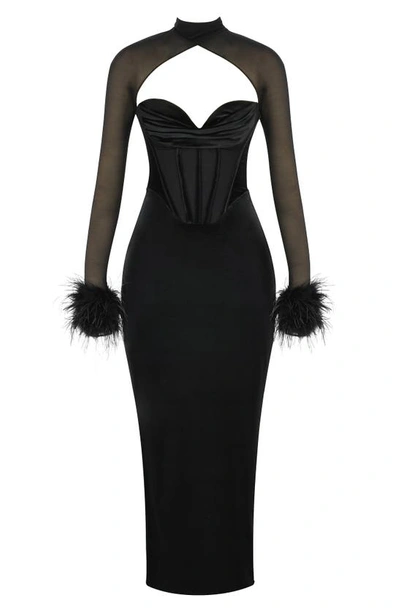 House Of Cb Thalia Long Sleeve Feather Trim Velvet Corset Dress With Shrug In Black