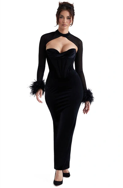House Of Cb Thalia Long Sleeve Feather Trim Velvet Corset Dress With Shrug In Black