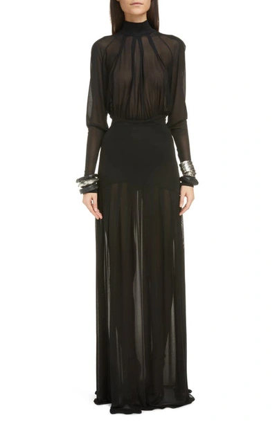 Shop Saint Laurent Long Sleeve Mock Neck Voile & Jersey Gown In Black