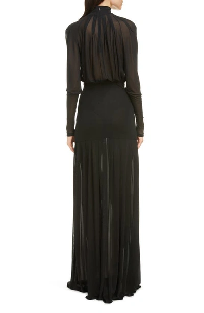 Shop Saint Laurent Long Sleeve Mock Neck Voile & Jersey Gown In Black