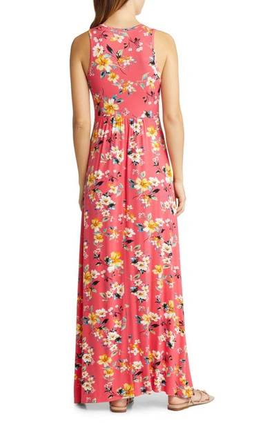 Loveappella Floral Print Sleeveless Jersey Maxi Dress In Coral