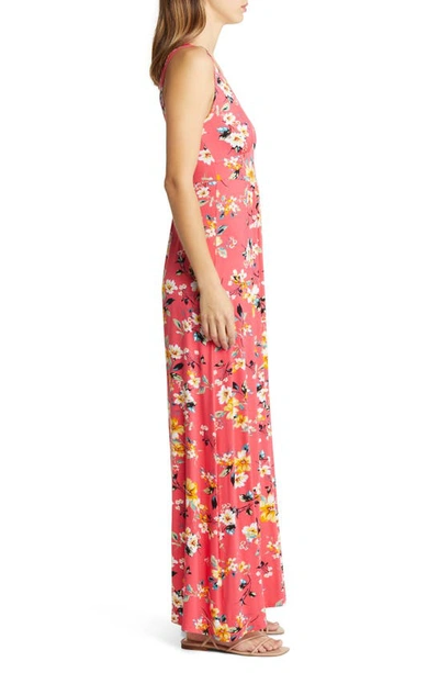 Shop Loveappella Floral Print Sleeveless Jersey Maxi Dress In Coral