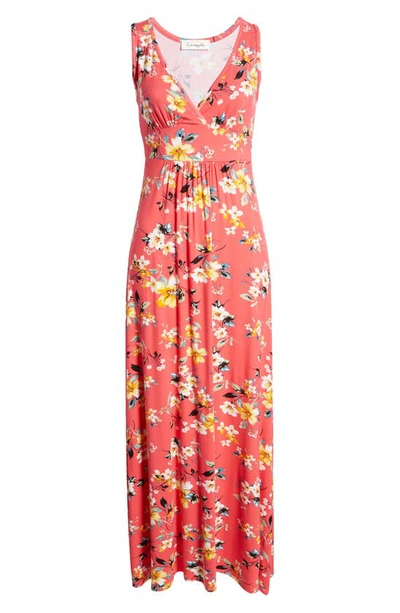 Shop Loveappella Floral Print Sleeveless Jersey Maxi Dress In Coral