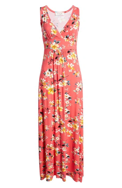 Loveappella Floral Print Sleeveless Jersey Maxi Dress In Coral
