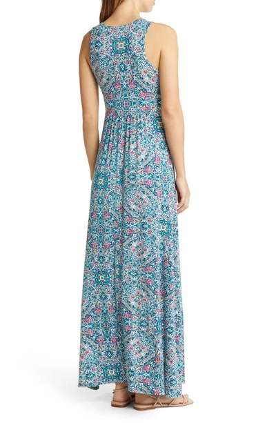 Loveappella Floral Paisley Print Sleeveless Jersey Maxi Dress In Teal