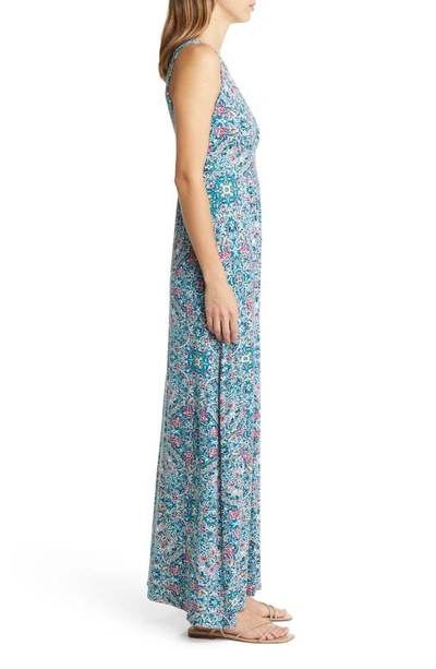 Loveappella Floral Paisley Print Sleeveless Jersey Maxi Dress In Teal