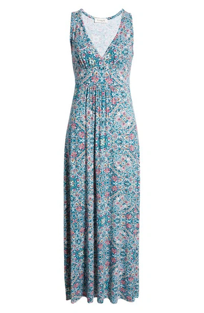 Loveappella Floral Paisley Print Sleeveless Jersey Maxi Dress In Teal