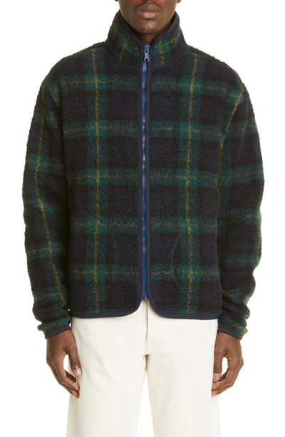 Shop Drake's Plaid Bouclé Fleece Zip Jacket In Navy Check