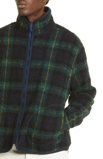 Shop Drake's Plaid Bouclé Fleece Zip Jacket In Navy Check