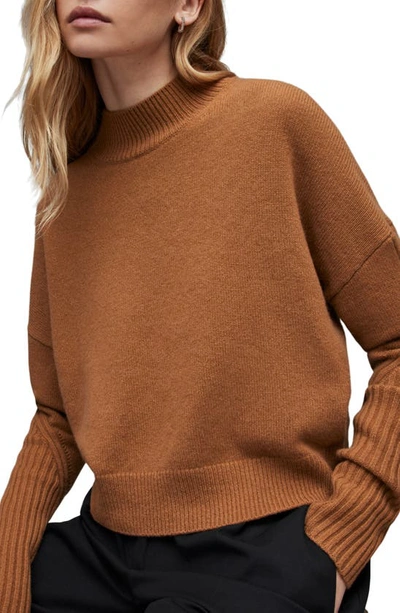 Shop Allsaints Orion Mock Neck Cashmere & Wool Sweater In Tan Brown