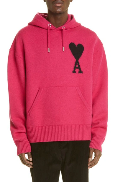 Shop Ami Alexandre Mattiussi Ami De Coeur Logo Intarsia Hoodie Sweater In Neon Fuchsia/ Noir 630