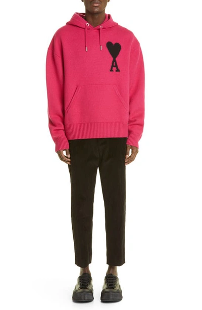 Shop Ami Alexandre Mattiussi Ami De Coeur Logo Intarsia Hoodie Sweater In Neon Fuchsia/ Noir 630
