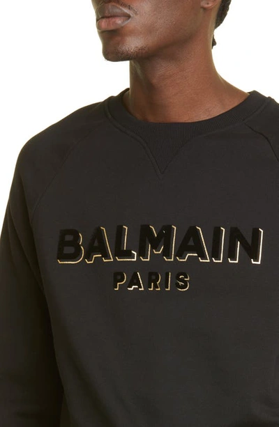 Shop Balmain Flocked Metallic Logo Cotton Graphic Sweatshirt In Black/ Gold