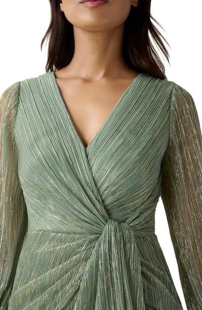 Shop Adrianna Papell Metallic Long Sleeve Mesh Evening Gown In Green Slate
