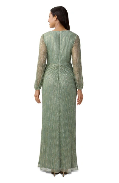 Shop Adrianna Papell Metallic Long Sleeve Mesh Evening Gown In Green Slate