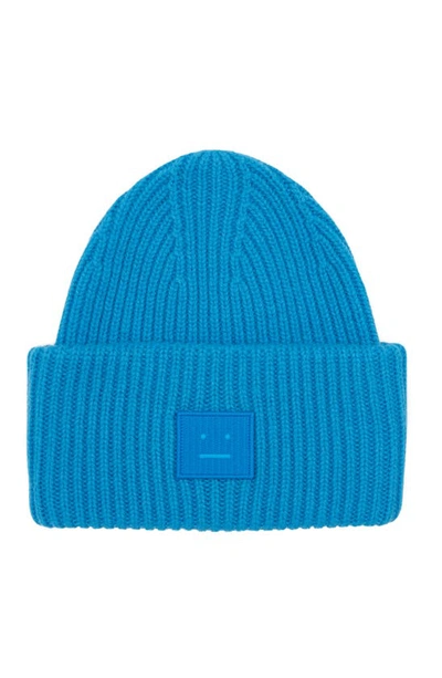 Shop Acne Studios Pansy Face Patch Rib Wool Beanie In Sapphire Blue