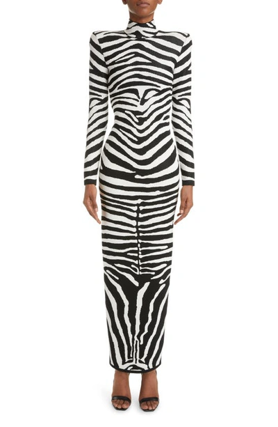 Shop Balmain Zebra Jacquard Sweater Dress In Black/ Natural