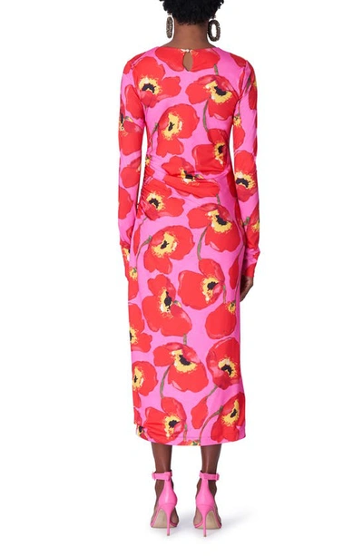 Shop Carolina Herrera Poppy Print Long Sleeve Ruched Knit Dress In Poppy Multi