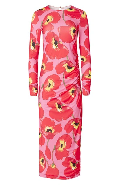 Shop Carolina Herrera Poppy Print Long Sleeve Ruched Knit Dress In Poppy Multi