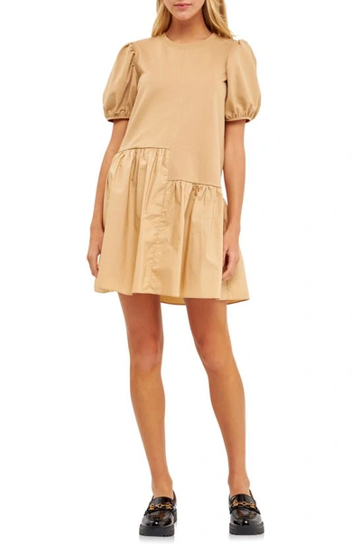 Shop English Factory Puff Shoulder Mixed Media Minidress In Beige