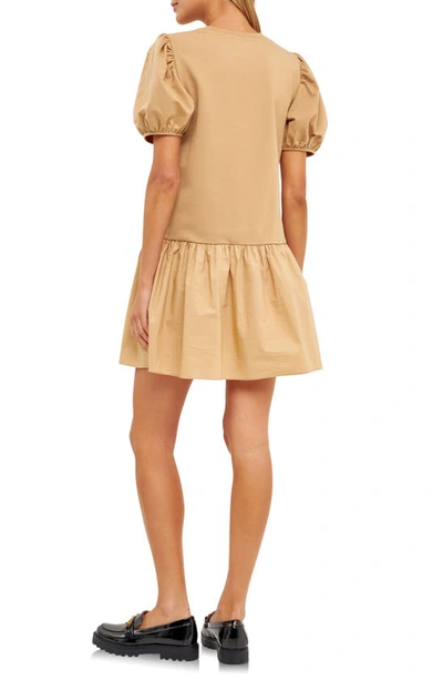 Shop English Factory Puff Shoulder Mixed Media Minidress In Beige