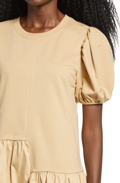English Factory Puff-shoulder Mixed Media Minidress In Beige