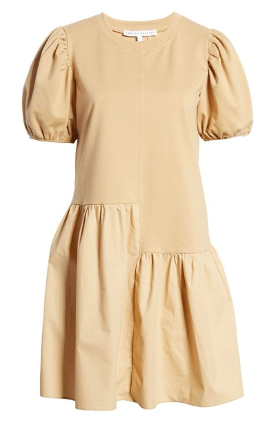 English Factory Puff-shoulder Mixed Media Minidress In Beige