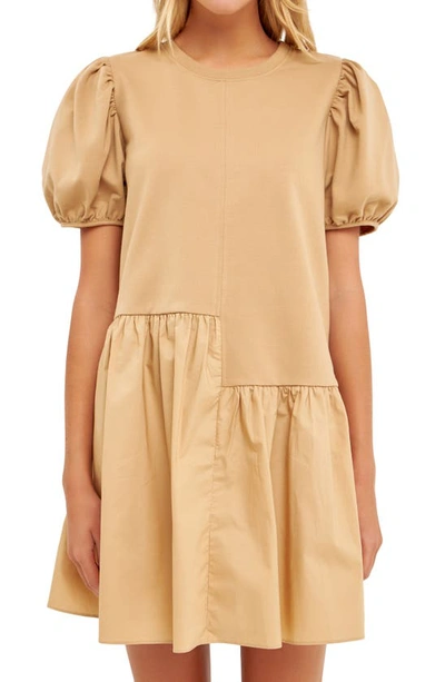 English Factory Puff-shoulder Mixed Media Minidress In Beige