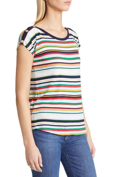 Loveappella Stripe Button Shoulder T-shirt In Multistripe