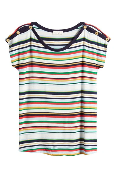 Loveappella Stripe Button Shoulder T-shirt In Multistripe