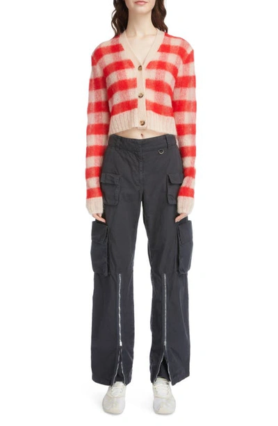 Shop Acne Studios Kodilia Vichy Gingham Check Mohair Blend Crop Cardigan In Light Beige/ Red