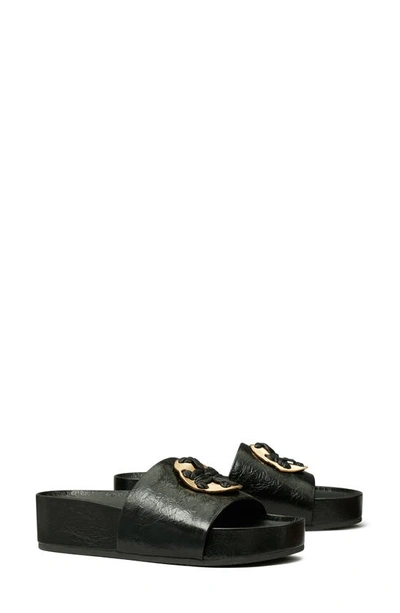 Shop Tory Burch Woven Double T Slide Sandal In Perfect Black