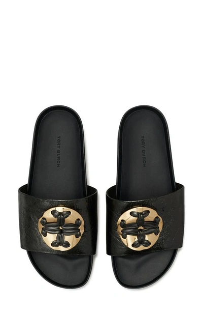 Shop Tory Burch Woven Double T Slide Sandal In Perfect Black