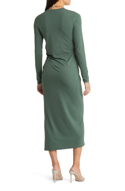 Shop Open Edit Ruched Long Sleeve Midi Dress In Green Cilantro
