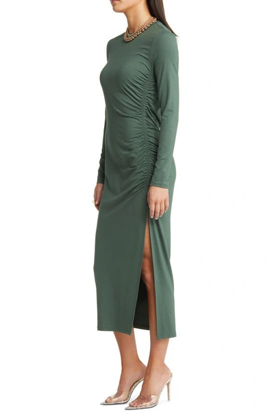 Shop Open Edit Ruched Long Sleeve Midi Dress In Green Cilantro