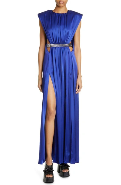 Shop Stella Mccartney Crystal Embellished Cutout Pleated Satin Maxi Dress In 4200 - Sapphire Blue