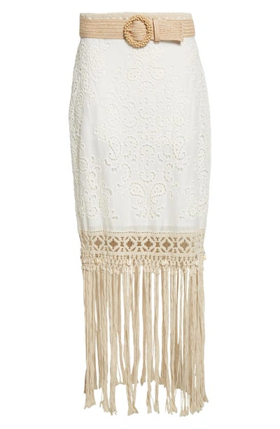 Shop Zimmermann Vitali Belted Fringe Hem Eyelet Linen Skirt In Ivory
