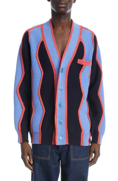 Shop Kenzo Wavy Stripe Wool Blend Cardigan In 77 - Midnight Blue