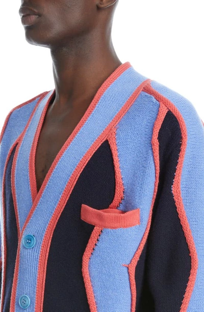 Shop Kenzo Wavy Stripe Wool Blend Cardigan In 77 - Midnight Blue
