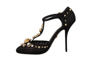 Shop Dolce & Gabbana Black Mesh Crystals T-strap Heels Pumps Women's Shoes