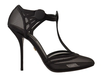 Shop Dolce & Gabbana Black Mesh T-strap Stiletto Heels Pumps Women's Shoes