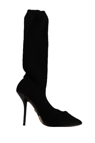 Shop Dolce & Gabbana Black Stretch Socks Knee High Booties Women's Shoes
